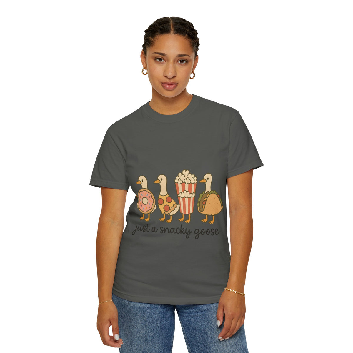 Snacky Goose T-shirt, Cute Animal Apparel, Funny Foodie Tee, Gift for Pet Lovers, Casual Wear, Quirky Shirt for All Occasions